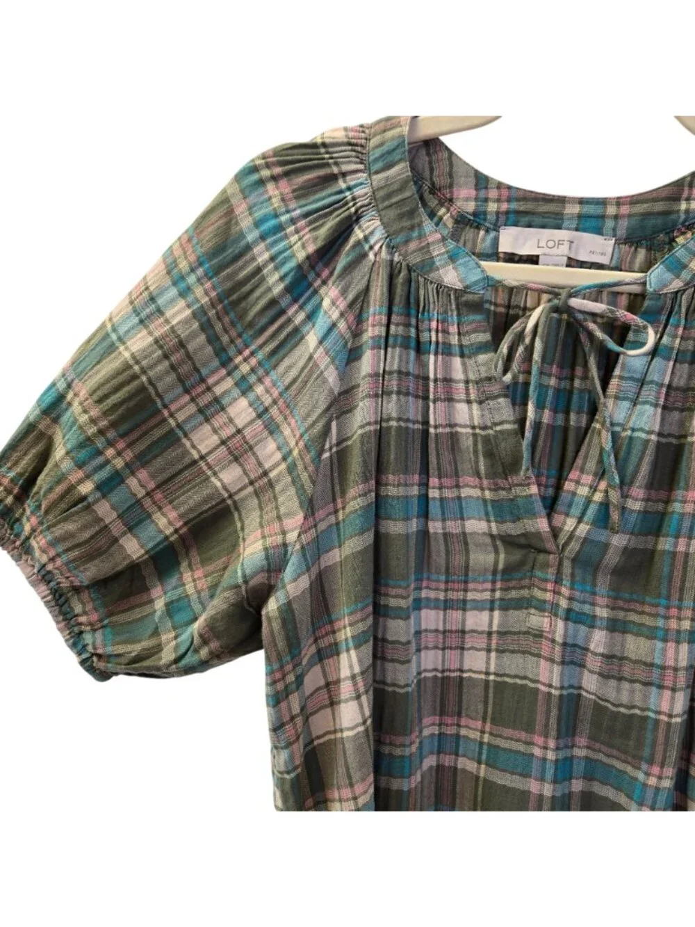 Loft Lightweight Plaid Popover Peasant Top Size Small Petite